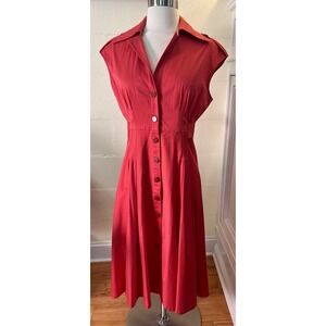 Badgley Mischka Red Cotton Button Up Dress Sleeveless Long Length Tie‎ Back Sz 6